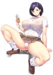  areolae bad_proportions black_hair blue_eyes blush breasts cameltoe cellphone covered_nipples earrings hakai_shin highres jewelry large_breasts looking_at_viewer nipples open_mouth panties phone plaid plaid_skirt see-through shirt short_hair simple_background skirt solo spread_legs underwear white_background white_legwear white_shirt 