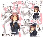  1girl ? admiral_(kantai_collection) bangs black_legwear blunt_bangs blush_stickers brown_eyes character_name closed_eyes closed_mouth commentary dress epaulettes eyebrows eyebrows_visible_through_hair grabbing hat hat_removed headwear_removed heart holding holding_hat kantai_collection long_sleeves looking_at_another military military_uniform motion_lines mvp naval_uniform number open_mouth paper petting pink_hair sailor_dress sailor_hat short_hair smile socks sparkle speech_bubble spoken_heart spoken_question_mark suzuki_toto sweatdrop thought_bubble tiptoes translated twitter_username uniform z3_max_schultz_(kantai_collection) 