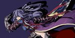  absurdres action ao_no_kiseki armor black_legwear blue_gloves boots cowboy_shot dress eiyuu_densetsu fingerless_gloves gauntlets gloves hair_ribbon highres holding holding_sword holding_weapon huge_weapon jpeg_artifacts linxi long_hair no_panties one_side_up purple_eyes purple_hair ribbon rixia_mao side_slit simple_background solo sword thighhighs two-handed_sword warrior weapon white_background 