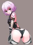  ass bandages bare_shoulders belt bent_over black_belt black_legwear black_panties butt_crack cameltoe fate/apocrypha fate_(series) from_behind green_eyes grey_background halulu highres jack_the_ripper_(fate/apocrypha) looking_at_viewer looking_back open_mouth panties scar short_hair silver_hair simple_background solo thighhighs underwear 