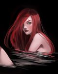  black_background eyebrows eyelashes green_eyes highres jeny_wang katarina_du_couteau league_of_legends light_smile lips long_hair looking_at_viewer nose partially_submerged realistic red_hair scar scar_across_eye simple_background solo water 