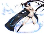  absurdres armpits bare_shoulders bikini_top black_bikini_top black_footwear black_hair black_jacket black_rock_shooter black_rock_shooter_(character) black_shorts blue_eyes book boots burning_eye flaming_sword flat_chest full_body highres holding holding_book jacket knee_boots long_hair long_jacket midriff off_shoulder open_clothes open_fly open_jacket scar shishin_(shishintei) short_shorts shorts simple_background solo twintails very_long_hair white_background 