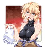  arm_warmers bad_id bad_twitter_id bare_shoulders blonde_hair blush breasts covered_nipples detached_sleeves green_eyes hot large_breasts mizuhashi_parsee ootsuki_wataru open_mouth pointy_ears short_hair sleeveless sleeveless_turtleneck sleeves_removed solo steam steaming_body sweat tongue tongue_out touhou turtleneck twitter_username unaligned_breasts 