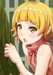  bangs bare_shoulders blonde_hair blunt_bangs fang kiss-shot_acerola-orion_heart-under-blade monogatari_(series) murata_isshin open_mouth pointy_ears ribbon short_hair sleeveless solo_focus yellow_eyes 