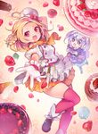  2girls :d apron black_footwear blonde_hair blueberry bow cake cheesecake chef_hat cupcake dress flower_knight_girl food food_themed_background fruit gloves hands_on_own_face hat hat_bow highres iberis_(flower_knight_girl) looking_at_viewer mg_kurino multiple_girls open_mouth orange_scarf orange_skirt outstretched_hand plaid plaid_skirt pleated_skirt puffy_sleeves purple_dress purple_eyes red_bow red_eyes red_legwear scarf shoes short_hair silver_hair skirt smile spatula star strawberry thighhighs twintails whipped_cream white_gloves yadorigi_(flower_knight_girl) zettai_ryouiki 