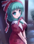  aqua_eyes aqua_hair bow breasts cleavage commentary_request dress front_ponytail hair_bow highres kagiyama_hina large_breasts long_hair looking_at_viewer lzh open_mouth rain red_dress ribbon shelter smile solo touhou wrist_ribbon 