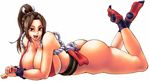  ass bare_shoulders breasts brown_eyes brown_hair cleavage fatal_fury highres huge_breasts long_hair looking_at_viewer lying on_stomach ponytail shiranui_mai simple_background smile solo the_king_of_fighters thighs white_background wrato 