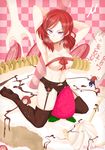  breasts cake cream female food fruit hews_hack highres lingerie love_live!_school_idol_project medium_hair multiple_girls multiple_persona nishikino_maki panties purple_eyes quartet red_hair smile solo strawberry sweets underwear 