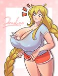  blonde_hair blue_eyes braid breasts bursting_breasts cleavage dazol gigantic_breasts long_hair non-web_source plump smile solo standing thick_thighs thighs twintails very_long_hair wide_hips 