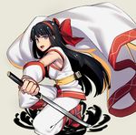  armpit_peek black_hair bow cape dress fingerless_gloves gauntlets gloves h_kasei hair_bow katana long_hair looking_at_viewer nakoruru open_mouth pants pink_eyes samurai_spirits sash sleeveless sleeveless_dress solo squatting sword the_king_of_fighters very_long_hair weapon 