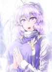  1girl :d breasts commentary_request day fingernails hair_between_eyes hat juliet_sleeves large_breasts letty_whiterock long_sleeves medium_hair open_mouth outdoors own_hands_together puffy_sleeves purple_eyes purple_hair smile snowing solo touhou tree upper_body white_hat winter y2 