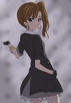  black_gloves brown_eyes brown_hair earrings fingerless_gloves futami_mami gloves idolmaster idolmaster_(classic) jewelry lady_grisaille lieass long_hair looking_at_viewer see-through side_ponytail solo 
