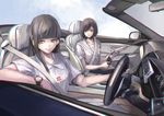  arm_up bad_id bad_pixiv_id bangs beretta_92 blunt_bangs brown_eyes brown_hair car collarbone collared_shirt convertible green_eyes ground_vehicle gun handgun highres holding holding_gun holding_weapon hug koh_(minagi_kou) mirror motor_vehicle multiple_girls original pistol school_uniform seat shirt short_hair short_sleeves sitting steering_wheel watch weapon wing_collar wristwatch 