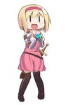  :d armor belt blonde_hair blush boots djeeta_(granblue_fantasy) dress fighter_(granblue_fantasy) gauntlets granblue_fantasy hairband holding miyako_hito open_mouth pink_dress pink_hairband potion sheath sheathed short_hair short_sleeves simple_background smile solo sword thigh_boots thighhighs weapon white_background |_| 