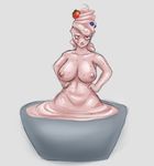  2016 anthro areola big_breasts blueberry_(fruit) bowl breasts female food food_creature fruit grey_background hair half-closed_eyes hand_on_hip huge_breasts long_hair looking_at_viewer lurkingtyger navel nipples not_furry nude open_mouth pink_body pink_hair pink_nipples red_eyes simple_background solo strawberry wide_hips yogurt 