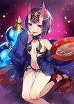  :q alcohol ankle_ribbon bare_shoulders barefoot barefoot_sandals blush bob_cut breasts commentary_request cup fang fate/grand_order fate_(series) highres horns japanese_clothes jewelry kimono looking_at_viewer md5_mismatch midriff murakami_yuichi navel off_shoulder oni oni_horns open_mouth purple_background purple_eyes purple_hair revision ribbon sakazuki sake short_hair shuten_douji_(fate/grand_order) small_breasts smile solo tongue tongue_out wakamezake 