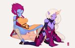  2girls 34no404 blue_skin clothed_female_nude_male cowgirl_position cunnilingus evelynn horn league_of_legends monster_girl multiple_girls no_panties pink_hair pointy_ears purple_skin pussy sex sitting_on_face soraka threesome uncensored 