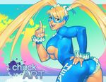  alternate_costume ass asymmetrical_clothes blonde_hair blue_eyes blue_leotard breasts cameltoe chuck_pires domino_mask frills hand_on_own_ass index_finger_raised large_breasts leotard lips mask no_bra nose rainbow_mika single_pantsleg single_sleeve solo street_fighter street_fighter_v twintails underboob 