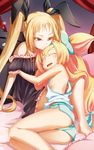  armpits ass bare_shoulders blazblue blonde_hair bow hair_bow highres multiple_girls official_art platinum_the_trinity rachel_alucard red_eyes short_shorts shorts sleeping twintails 