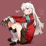  armband boots character_request claws copyright_request from_side grin korean long_hair looking_at_viewer pleated_skirt red_eyes rod_(rod4817) school_uniform sharp_teeth sitting skirt smile solo teeth white_hair 