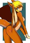  anthro areola blonde_hair breasts butt charizard female hair looking_at_viewer looking_back naomy nintendo nipples nude one_eye_closed pok&eacute;mon simple_background smile solo standing video_games wings 
