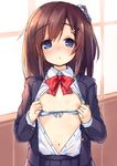  blazer blue_eyes blush bra bra_pull brown_hair character_request copyright_request flat_chest front-tie_top hair_ornament hairclip jacket long_hair looking_at_viewer mokoke navel nipples open_clothes open_shirt shirt side_ponytail solo underwear white_bra 