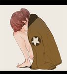  alisa_(girls_und_panzer) bad_id bad_twitter_id bomber_jacket brown_eyes brown_hair earrings freckles girls_und_panzer jacket jacket_on_shoulders jewelry kamaboko_tarou leg_hug letterboxed military military_uniform saunders_military_uniform solo uniform white_background 