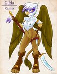  2015 absurd_res ambris anthro anthrofied areola avian breasts brown_feathers erect_nipples feathered_wings feathers female friendship_is_magic gilda_(mlp) gryphon hi_res looking_at_viewer melee_weapon my_little_pony nipples nude polearm purple_feathers pussy solo spear weapon white_feathers wings yellow_eyes 