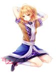  adjusting_hair arm_warmers arms_behind_head arms_up blonde_hair full_body green_eyes japanese_clothes kneeling looking_at_viewer mizuhashi_parsee pointy_ears rubber_band sash scarf short_hair short_sleeves solo touhou tsurime tying_hair white_background white_scarf yuli_(yulipo) 