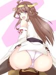  1girl ahoge ass bare_shoulders black_eyes blue_eyes blush brown_hair cameltoe dark_skin femdom from_behind hairband huge_ass japanese_clothes kantai_collection kongou_(kantai_collection) long_hair looking_back looking_down open_mouth panties shiny shiny_hair shiny_skin short_hair sitting sitting_on_face sitting_on_person thighhighs 