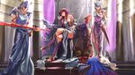  2girls anklet bare_shoulders barefoot barefoot_sandals blue_hair crossed_legs fate/grand_order fate/stay_night fate_(series) helmet highres jewelry lance lancer long_hair multiple_boys multiple_girls polearm purple_hair scathach_(fate)_(all) scathach_(fate/grand_order) sitting standing sword tattoo thighs throne toe_ring toeless_legwear toes toga tribal_tattoo ushas weapon 