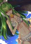  bikini breasts c.c. candy cheese-kun code_geass creayus day food green_hair licking lollipop long_hair looking_at_viewer medium_breasts ponytail solo sweat swimsuit yellow_eyes 