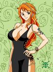  black_dress breasts brown_eyes cleavage dress earrings elegant elegant_drass elegant_dress female girl jewelry large_breasts leg legs lipstick long_dress long_hair looking_at_viewer makeup mugiwara mugiwara_pirates nami nami_(one_piece) one_piece orange orange_hair pearl pirate sideboob smile solo standing tattoo woman 