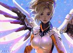  bad_deviantart_id bad_id blonde_hair blue_eyes breasts glowing glowing_wings high_ponytail long_hair looking_at_viewer mechanical_halo mechanical_wings medium_breasts mercy_(overwatch) numyumy overwatch purple_wings solo wings 