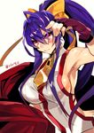  antenna_hair arm_up backless_outfit bangs blazblue blazblue:_central_fiction blazblue_variable_heart blue_hair bow breasts fingerless_gloves frown genderswap genderswap_(mtf) gloves hair_between_eyes hair_bow hyakuhachi_(over3) large_breasts long_hair mai_natsume no_bra no_panties ponytail red_eyes ribbon sideboob sidelocks solo upper_body very_long_hair yellow_bow 