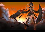  :o belt bird_wings black_hair black_legwear black_skirt black_wings boots cloud copyright_name cross-laced_footwear fan feathers geta gmot hat hat_ribbon hauchiwa katana leaf-pattern_stripe looking_at_viewer miniskirt necktie open_mouth phantasmagoria_of_flower_view pleated_skirt red_eyes red_neckwear ribbon shameimaru_aya shirt short_hair short_sleeves skirt solo sunset sword tengu-geta thighhighs tokin_hat touhou v-shaped_eyebrows weapon wings zettai_ryouiki 