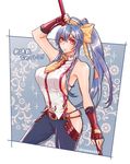  antenna_hair backless_outfit bare_shoulders belt belt_buckle blazblue blazblue_variable_heart blue_hair bow breasts buckle fingerless_gloves frown genderswap genderswap_(mtf) gloves hair_between_eyes hair_bow large_breasts long_hair looking_at_viewer mai_natsume no_bra no_panties no_underwear nunun pants polearm ponytail red_eyes ribbon sideboob sleeveless solo spear translation_request very_long_hair weapon 