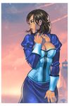  absurdres bioshock bioshock_infinite blue_eyes breasts brown_hair bustier choker chuck_pires dress elizabeth_(bioshock_infinite) eyeliner high_collar highres large_breasts lips lipstick makeup short_hair solo wrist_cuffs 