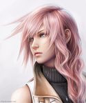  bangs blue_eyes ears eyebrows final_fantasy final_fantasy_xiii jason_peng jewelry lightning_farron lips long_hair looking_to_the_side necklace nose pink_hair pink_lips realistic solo swept_bangs turtleneck 