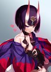  1girl blush bob_cut breasts fang fate/grand_order fate_(series) gradient gradient_background heart highres horns japanese_clothes kimono oni purple_eyes purple_hair shimejinameko short_hair shuten_douji_(fate/grand_order) small_breasts smile solo_focus 