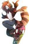  anthro clothed clothing fangs female fingerless_gloves gloves hihikori mammal open_mouth red_panda simple_background skateboard smile solo standing striped_tail stripes teeth tongue white_background 