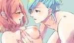  1girl bad_id bad_pixiv_id blue_background blue_eyes blue_hair blush breast_grab breasts collarbone eye_contact from_side grabbing hetero hidaka_ryou implied_sex looking_at_another medium_breasts mikaze_ai nanami_haruka nipples nude ponytail profile red_hair short_hair simple_background sweat upper_body uta_no_prince-sama yellow_eyes 