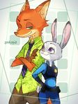  animal_ears artist_request bunny bunny_ears disney fox fox_ears furry judy_hopps looking_at_another mk nick_wilde police police_uniform smile standing sweat tail uniform upper_body white_background zootopia 