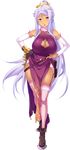  :o absurdres blue_eyes boots breasts china_dress chinese_clothes cleavage cleavage_cutout detached_sleeves dress full_body garter_belt gloves hands_on_hips highres hikage_eiji koihime_musou kougai large_breasts lavender_hair long_hair looking_at_viewer mole mole_under_mouth official_art open_mouth pelvic_curtain ponytail sidelocks silver_hair single_glove sleeveless smile solo standing thighhighs transparent_background very_long_hair 