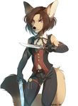  anthro canine clothed clothing ear_piercing female hi_res hihikori knife mammal navel navel_piercing piercing simple_background smile solo standing teeth white_background 