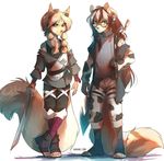  anthro clothed clothing duo feline female hihikori looking_at_viewer mammal melee_weapon red_panda simple_background smile standing sword weapon white_background 