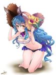  :o animal_ears artist_name ass_visible_through_thighs bare_shoulders barefoot bikini blue_hair blush breasts cat_ears cleavage dated earrings erune ferry_(granblue_fantasy) flower frilled_bikini frills full_body granblue_fantasy hands_on_headwear hat hat_flower hibiscus hoop_earrings jewelry kneeling leaning_forward long_hair looking_at_viewer medium_breasts monikon13 navel open_mouth single_earring solo straw_hat swimsuit wavy_hair white_background yellow_eyes 