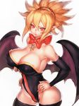  &gt;:( adapted_costume angry armpits ass_visible_through_thighs backlighting bangs bare_shoulders black_legwear black_wings blonde_hair bow bowtie breasts bright_pupils brooch cameltoe cleavage closed_mouth covered_navel covered_nipples cowboy_shot demon_girl demon_wings detached_sleeves disgaea earrings from_side frown fumio_(rsqkr) groin hair_between_eyes hair_ornament hands_on_hips high_ponytail highleg highleg_leotard hips jewelry large_breasts leotard long_pointy_ears looking_at_viewer makai_senki_disgaea_2 parted_bangs pointy_ears ponytail purple_wings red_bow red_eyes rozalin sideboob sidelocks simple_background single_vertical_stripe sketch solo spiked_hair standing strapless strapless_leotard thighhighs thighs v-shaped_eyebrows white_background wings yellow_bow 