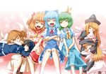  black_hair blonde_hair blue_hair cirno daiyousei eiyuu_(eiyuu04) eyes_closed green_hair highres lily_black lily_white long_hair luna_child multiple_girls open_mouth short_hair sleeping smile star_sapphire sunny_milk touhou wings 