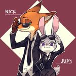  artist_request bunny bunny_ears bunny_tail disney fox fox_ears fox_tail furry glasses green_eyes judy_hopps looking_at_viewer nick_wilde purple_background purple_eyes simple_background smile standing sun_glasses sunglasses tail upper_body zootopia 